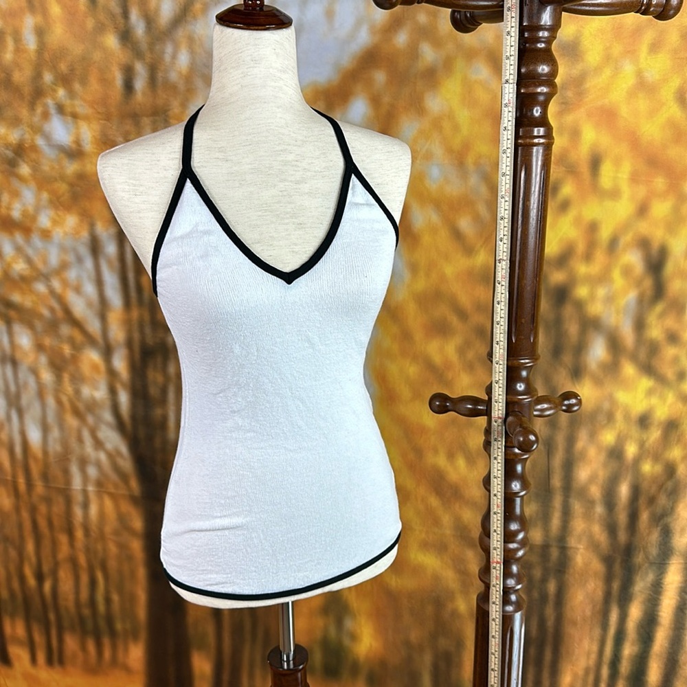 KD Dance backless halter top - white with black edging. Striking lines!